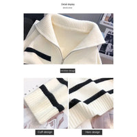 Women zipper sweater striped pullover front view