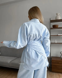 Women Blue Long Sleeve Turn-Down Collar Shirt Pants Set Fashion Cinched Waist Striped Top Wide-Leg Trousers Casual Office Outfit