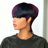 Short Mullet Wig Pixie Cut Wig Human Hair Gradient Purple Layered Full Machine Made Lightweight Cap for Halloween Music Festival