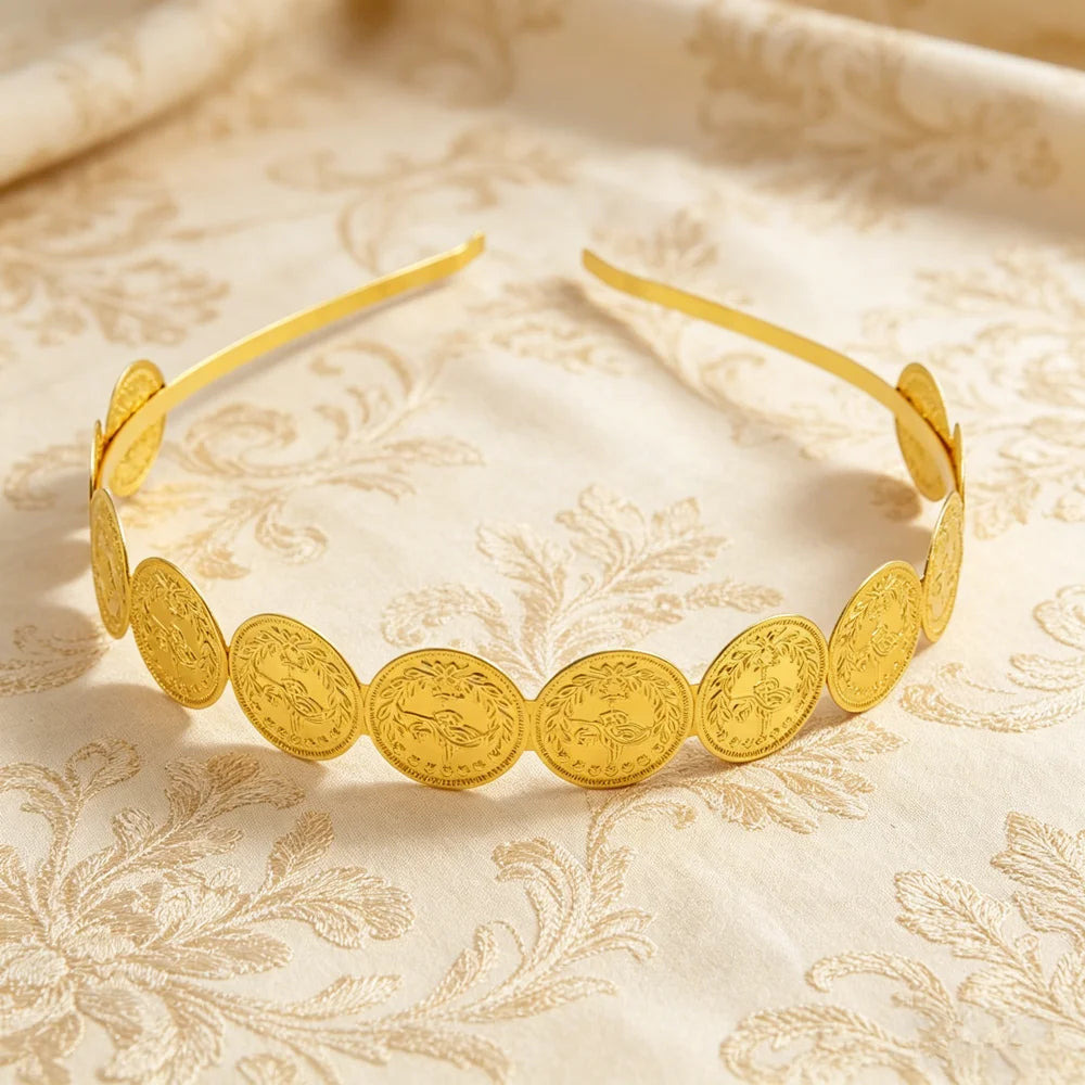 Vintage Golden Coin Headband for Women Engraved Coin Hair Hoop Arabic Ethnic Style Hair Accessory for Wedding Party