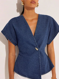 2026Women Dark Blue Denim Blouse Women'S Clothing V Neck Short Sleeve Asymmetric Hem Single Button Wrap Peplum Casual Summer Top
