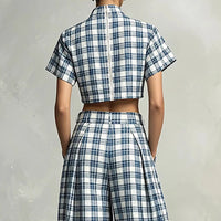 Women Vintage Mock Neck Plaid 2 Piece Outfit Casual Short Sleeve Crop Top High Waist Pleated Wide Leg Harem Pants Summer Outfits