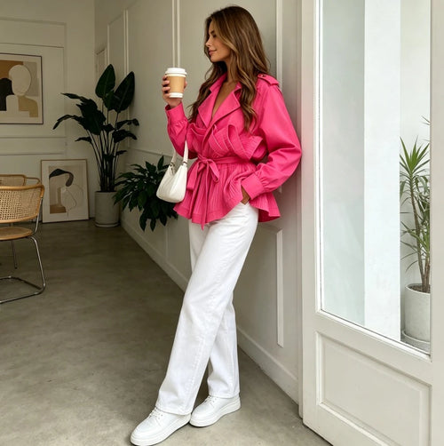 Shirt Women Ruffles Top Turn down Collar Pleated Lace up Tight Waist Overshirt Female Shirts Tops Spring 2026 Office Lady