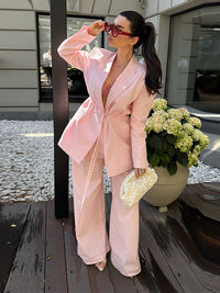 Pink Drawstring Waisted Two Piece Set Structured Shoulder Lapel Collar Jacket Wide Leg Pants 2026 Autumn Commute Fashion Outfits