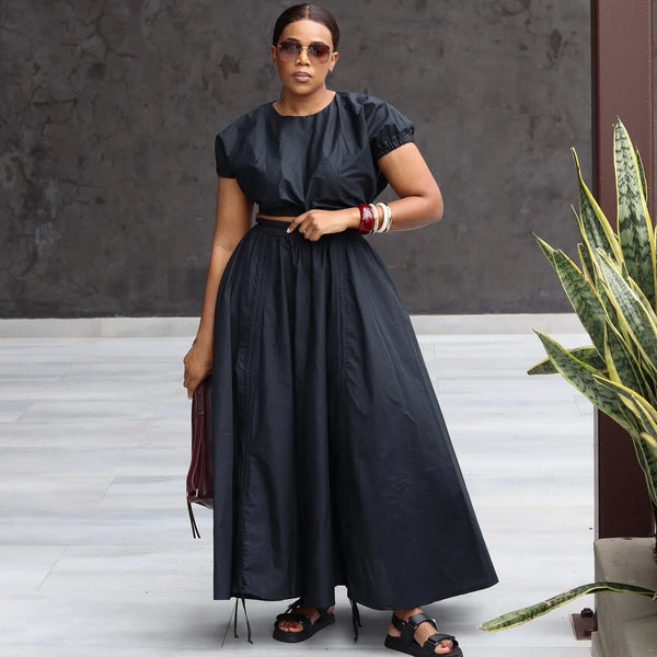 Two-Piece Skirt Set for Women Short Puff Sleeve Crop Top and High Waist Ruched Skirt Elegant Casual Flowy Outfit with Pockets