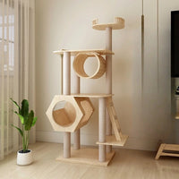 Multi-Level Cat Tower House with Scratcher Wooden Cat Tower Luxury Villa Modern Accessories Rascadora Para Gato Things for Cats