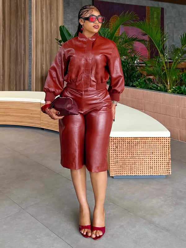 Leather 2 Piece Set Women Chic Trend Button Patchwork Pocket Zip Jacket+Knee-Length Shorts Fashion Simple Streetwera