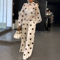 Women See through Polka Dot 2 Piece Sets Lapel Button Shirt High Waist Wide Leg Pants Outfits Casual Loose Summer Vacation Suits
