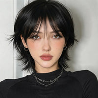8-Inch Short Mullet Head Wigs with Bangs 100% Real Human Hair Women Black Short Hair Wig for Daily Party Machine Made