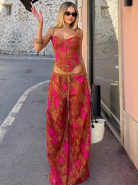 Floral 2 Piece Matching Sets Spaghetti Strap Lace up Corset Drawstring Wide Leg Long Pants Suit Women Chic Vacation Beach Outfit