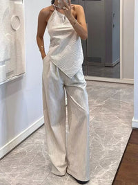New Women'S Summer Commuting Outfits Fashion Asymmetrical Sleeveless Top + Pants 2 Piece Casual Striped Printed Straight Suits