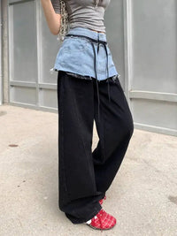 American Retro Contrasting Color Splicing High Waist and Wide Leg Jeans for Women 2026 Autumn New 05E02789