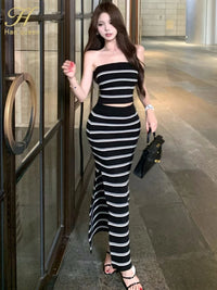 Korean 2 Pieces Set Women'S Knitted Bottoming Striped Black Pencil Sheath Knit Sexy Slit Casual Lady Skirt Suit