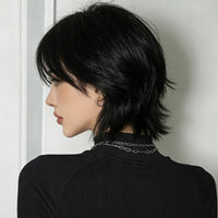 8-Inch Short Mullet Head Wigs with Bangs 100% Real Human Hair Women Black Short Hair Wig for Daily Party Machine Made