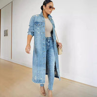 Women Long Denim Jacket Hole Overcoat Single Breasted Pockets Turn down Collar Female Streetwear Vintage Jean Outerwear