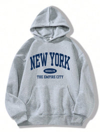 New York Text Pattern Pocket Drawstring Hoodie Fleece Warm Hoodies Long Sleeve Tops Autumn Fashion Hoody Casual Loose Streetwear