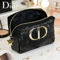 Christian  ’S Bag Vintage Luxury Black Velvet Women Purse Embossed Gold Logo Multi-Use Clutch Handbag Portable Cosmetic