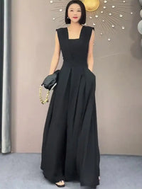 2022 Summer Black Suit Women'S Summer Thin Fashion V-Neck Sleeveless Waist Solid Wide Leg Jumpsuit