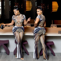 Summer Stripe Sheer Mesh Two Piece Set Women Short Sleeve Top High Waist Pants Elegant See through Bodycon Matching Sets