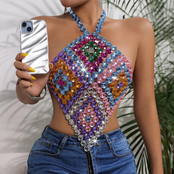 2026 New Arrival Summer Music Festival Rhinestone Crop Top Sexy Backless Crystal Gemstones Halter Neck Top