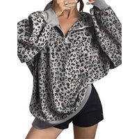 Women'S Half Zip Stand Collar Leopard Ribbed Oversized Sweatshirt Gray S