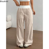 2026 Women'S Fashion Striped Wide-Leg Pants Elastic Waist Casual Daily Wear Stylish Soft Fabric Relaxed Fit Versatile Long Pants