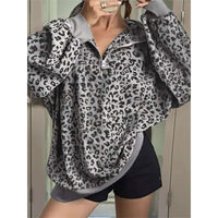 Women'S Half Zip Stand Collar Leopard Ribbed Oversized Sweatshirt Gray S