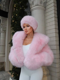 Hood Women'S Jacket Warm Plush Fur Coat Winter Pink Imitation Fur Coat Elegant Big Fur Trim Cropped Sweet Lady Faux Fur Coat