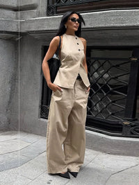 Women'S Solid Sleeveless Backless Buttoned Lace up Top & Wide-Leg Pants Two-Piece Set Spring Summer Casual Outings Street Style
