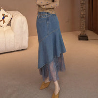 LOUISYAO Vintage Sweet Denim Skirt 2026 Summer High Waist Lace Mesh Patchwork Asymmetric Slim Long Skirt