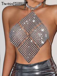 Sexy Y2K Clothes Rhinestone Corset Crop Top Women Summer See through Glitter Club Party Halter Tank Top Rave Outfit Cropped Tops