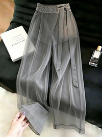 Sexy See through Mesh Pants Women High Waist Lace Patchwork Bow Sweet Trousers Summer Fashion Female Elegant Loose Wide Leg Pant