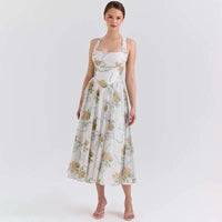 Floral Print Pleatred A-Line Midi Long Dress Women Halter 2026 Summer Dress Backless Nightclub Sexy Party Dresses