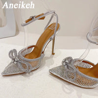 Aneikeh Fashion Transparent PVC Women Pumps Sexy Butterfly-Knot CRYSTAL High Heels Pointed Toe Wedding Prom Sandals Spring Shoes