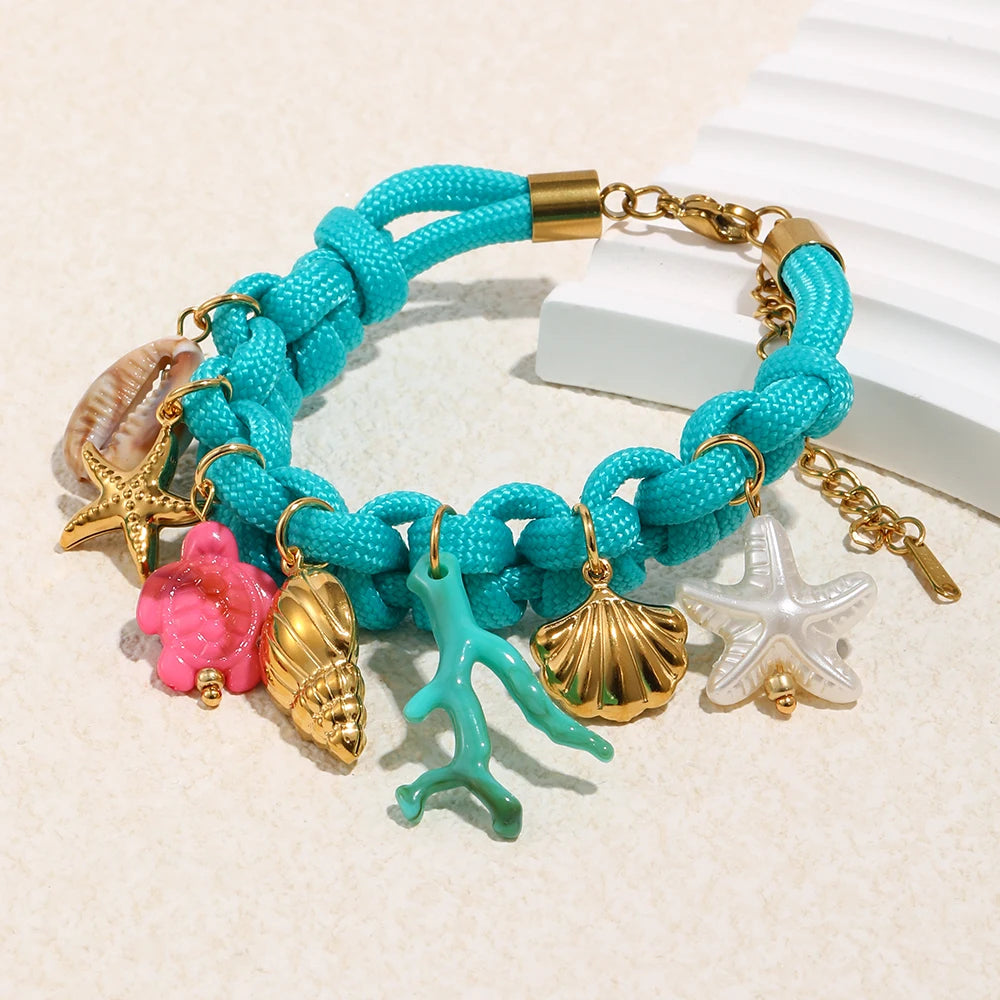 316L Stainless Steel Ocean Series Resin Braided Rope Bracelet Necklace 18K Gold Plated Waterproof Jewelry Set Gifts