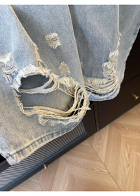 American Vintage Ripped Patchwork Jeans for Women New Spring Fall Light Blue High Waist Slim Loose Wide Leg Denim Trousers Stree