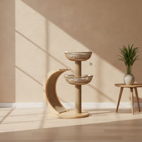 Wooden Cat Tree with Rattan Perch Natural Wood Cat Tree with Perch Pet Furniture Modern Space-Saving for Cats, Indoor