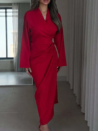 Women'S Sexy V-Neck Long Sleeve Red Dress Elegant Temperament Solid Color Long Dress Fashion Draped Hight Waist Slim Party Dress