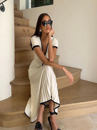 Spring Summer Women White Long Skirt Suit Short Sleeve V-Neck Crop Top Pleated Set Elegant Dress 2 Piece Skirt Set Outwear