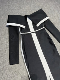 High Quality Women Long Sleeve Sexy off Shoulder Floor-Length Bandage Dress Celebrate Birthday Party White Stripe Black Outfits