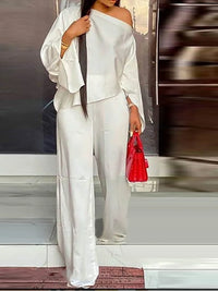 Spring Summer New Seven Point Sleeve Shirt Women Fashion Diagonal Shoulder Casual Elegant Wide Leg Trousers Home Wear 2Piece Set
