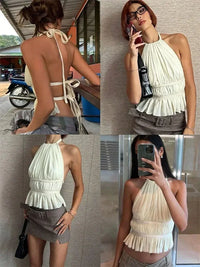 Sexy Backless Pleated Halter Top for Women Summer Sweet off the Shoulder Ruffles Hem Tank Top Camisole Y2K Clothes Streetwear