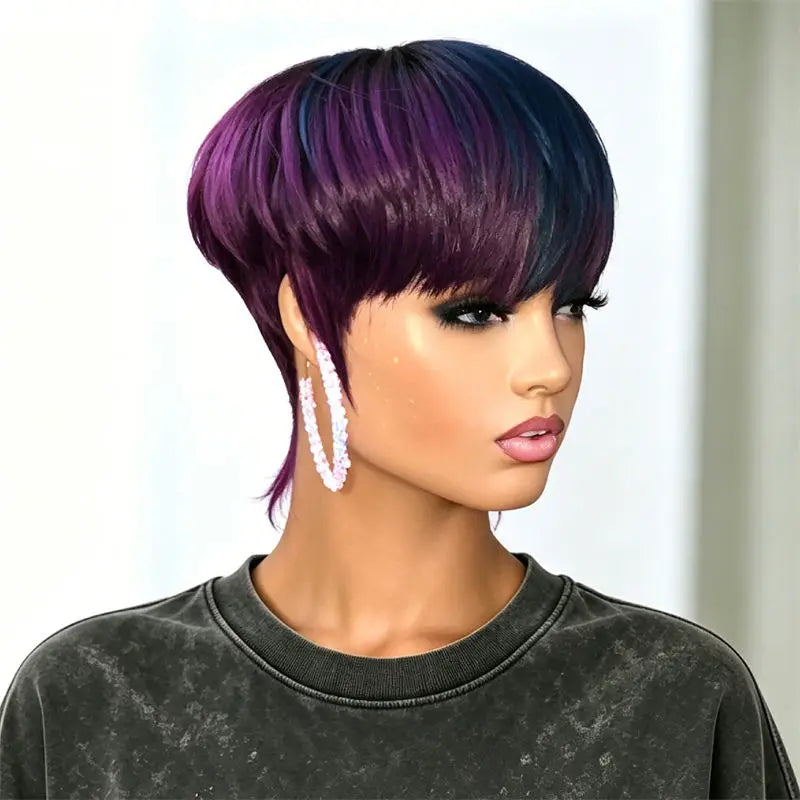 Short Mullet Wig Pixie Cut Wig Human Hair Gradient Purple Layered Full Machine Made Lightweight Cap for Halloween Music Festival