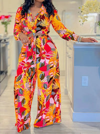 Turn-Down Collar Bandage Top Two Pieces Sets, Women Spring Summer Loose Wide Leg Pants Outfit, Long Sleeve Simple Ladies Suits