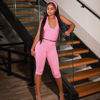 Retro Striped Headband Hanging Neck Top, Slim Fit Shorts, Fashionable Three Piece Set