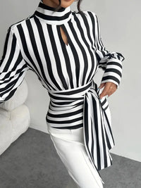 Fashion Baggy Stripes Women Blouse Elegant High Collar Long Sleeve Shirts and Blouses Vintage Girdle Lace-Up Top Women Clothes
