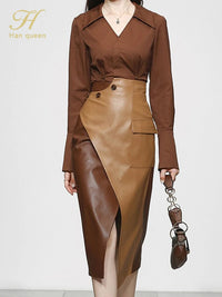 Autumn 2 Pieces Set Women Long Sleeve + High Waist Contrast Color Pencil Skirts Casual Simple Office Lady Skirt Suit