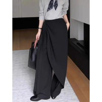 Fall Fashion Asymmetrical Lace up Pants Women High Waist Divided Skirt Versatile Office Lady Trousers Black Wide Leg Pants 695A