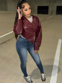 PU Leather Women Jackets Cool Simple Solid Full Sleeve Irregular Lapel Slim Crop Coats Female Casual Streetwear Outwear