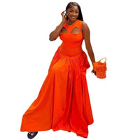 Summer Woman Dress Elegant Party Sleeveless round Neck Dresses Orange Cut Out Maxi Dress a Line Pleated Waist Long Dress
